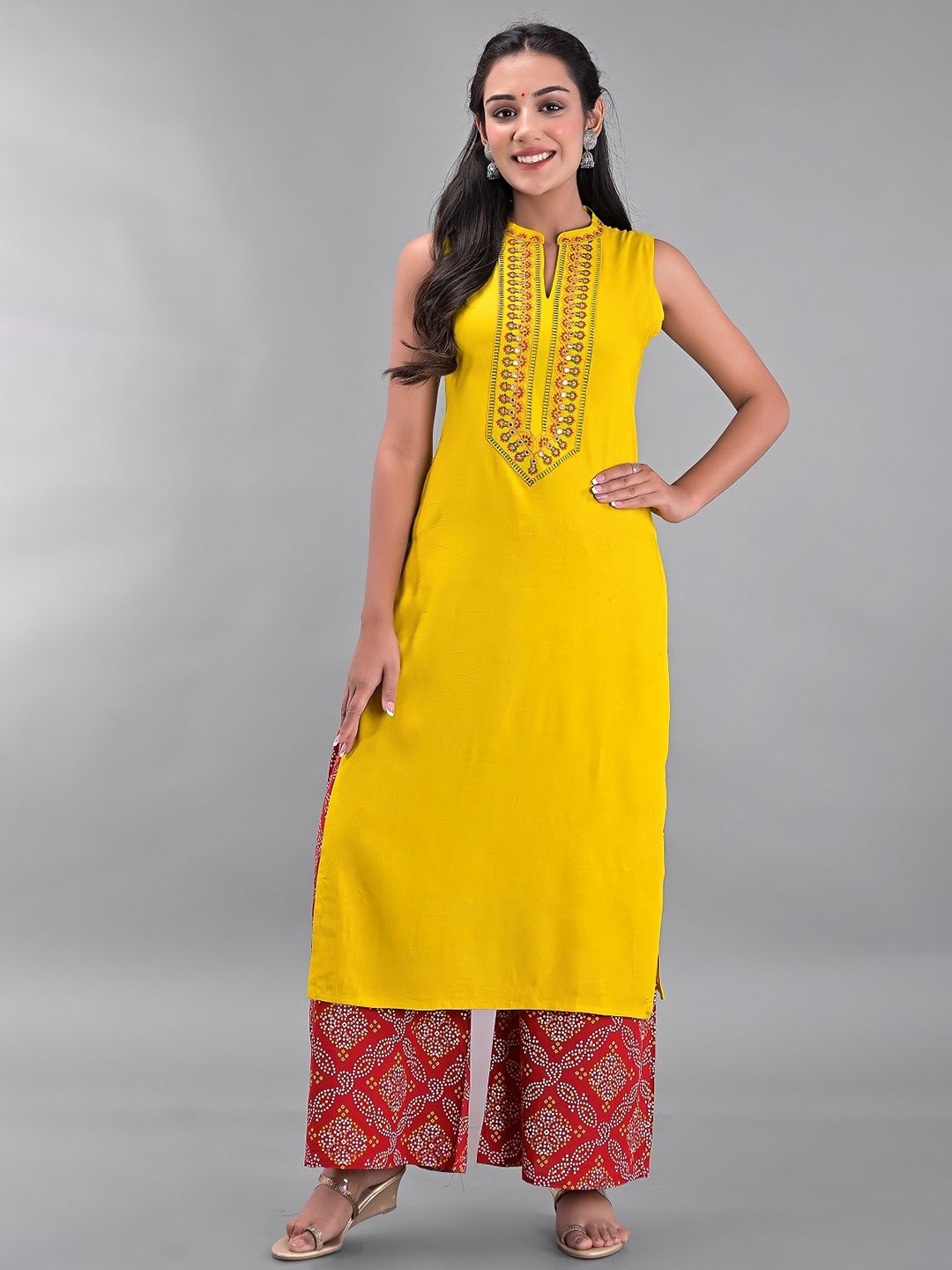 

Clothy N Wave Ethnic Motifs Yoke Design Mirror Work Straight Kurta, Yellow