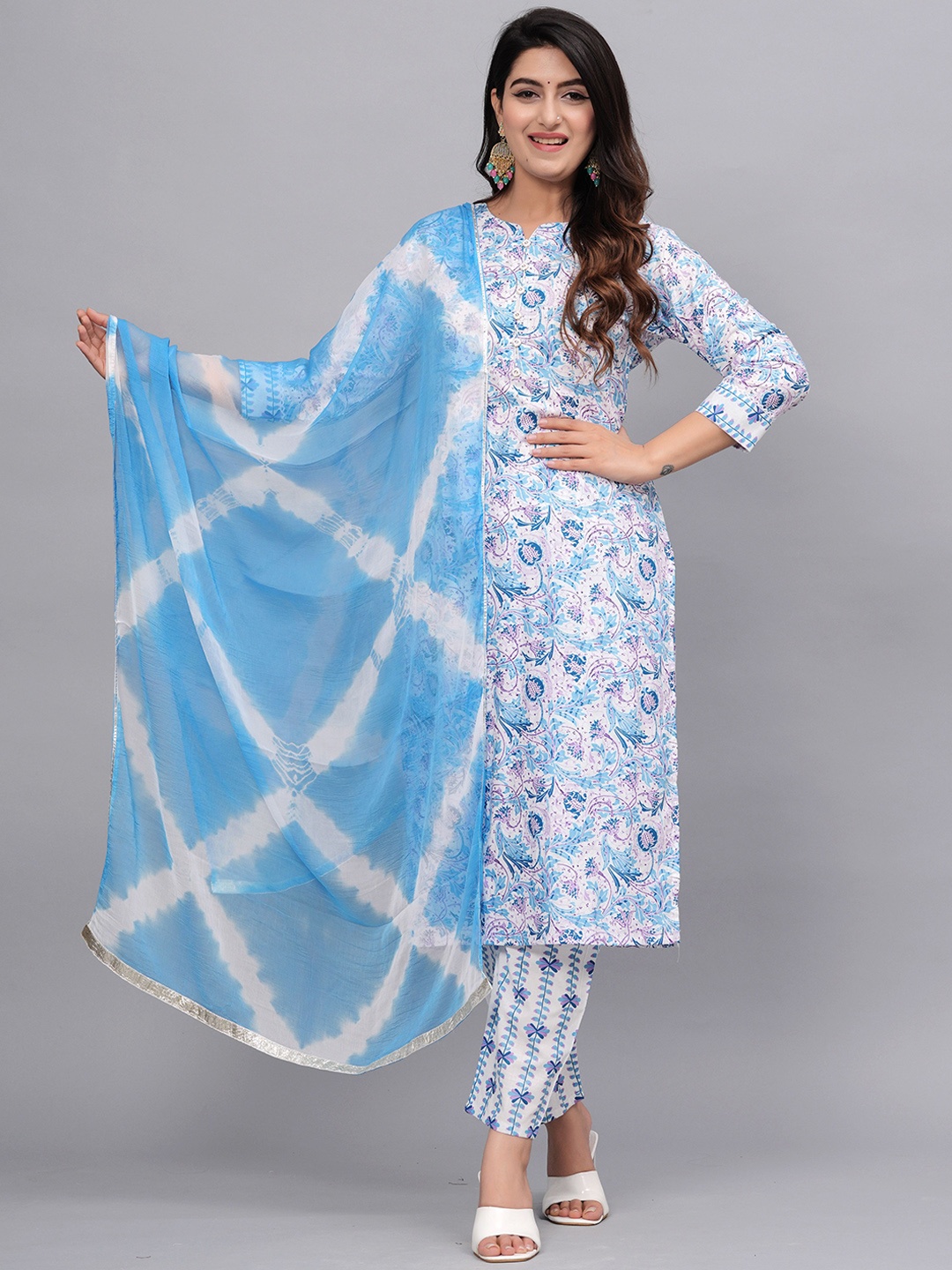 

Fmkcreation Floral Printed Notch Neck Pure Cotton Straight Kurta With Trousers & Dupatta, Blue