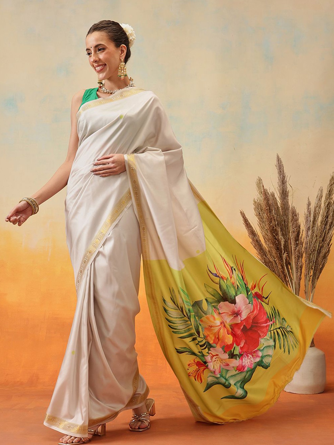 

Silk Land Floral Zari Art Silk Ready to Wear Kasavu Saree, Off white