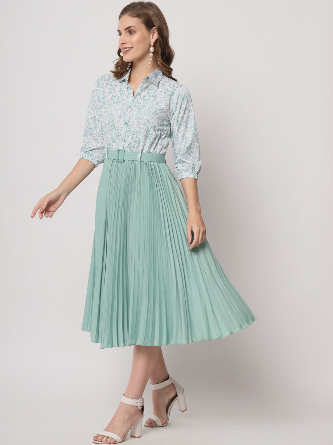 

ZWERLON Women Printed Puff Sleeves A-Line Midi Dress, Sea green