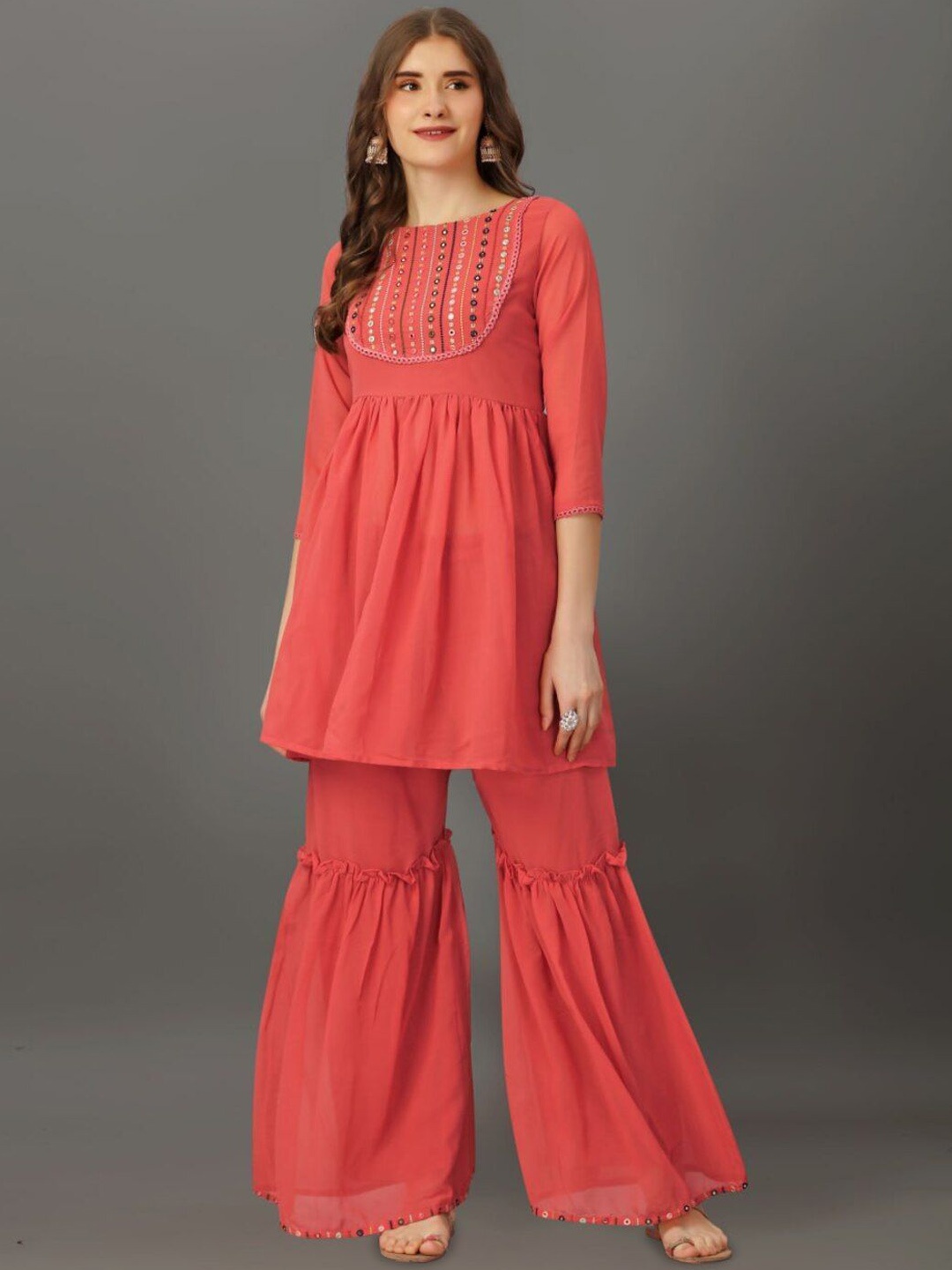 

DIVASTRI Geometric Embroidered Mirror Work Kurta With Sharara, Red