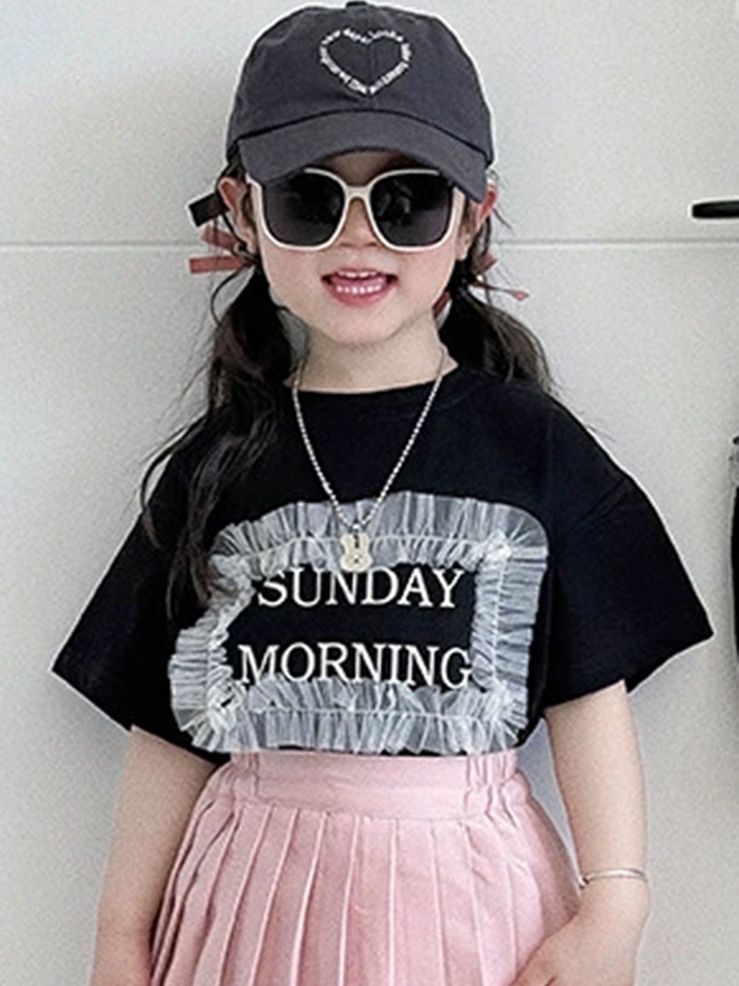 

LULU & SKY Girls Typography Printed Round Neck Cotton Oversized T-shirt, Black