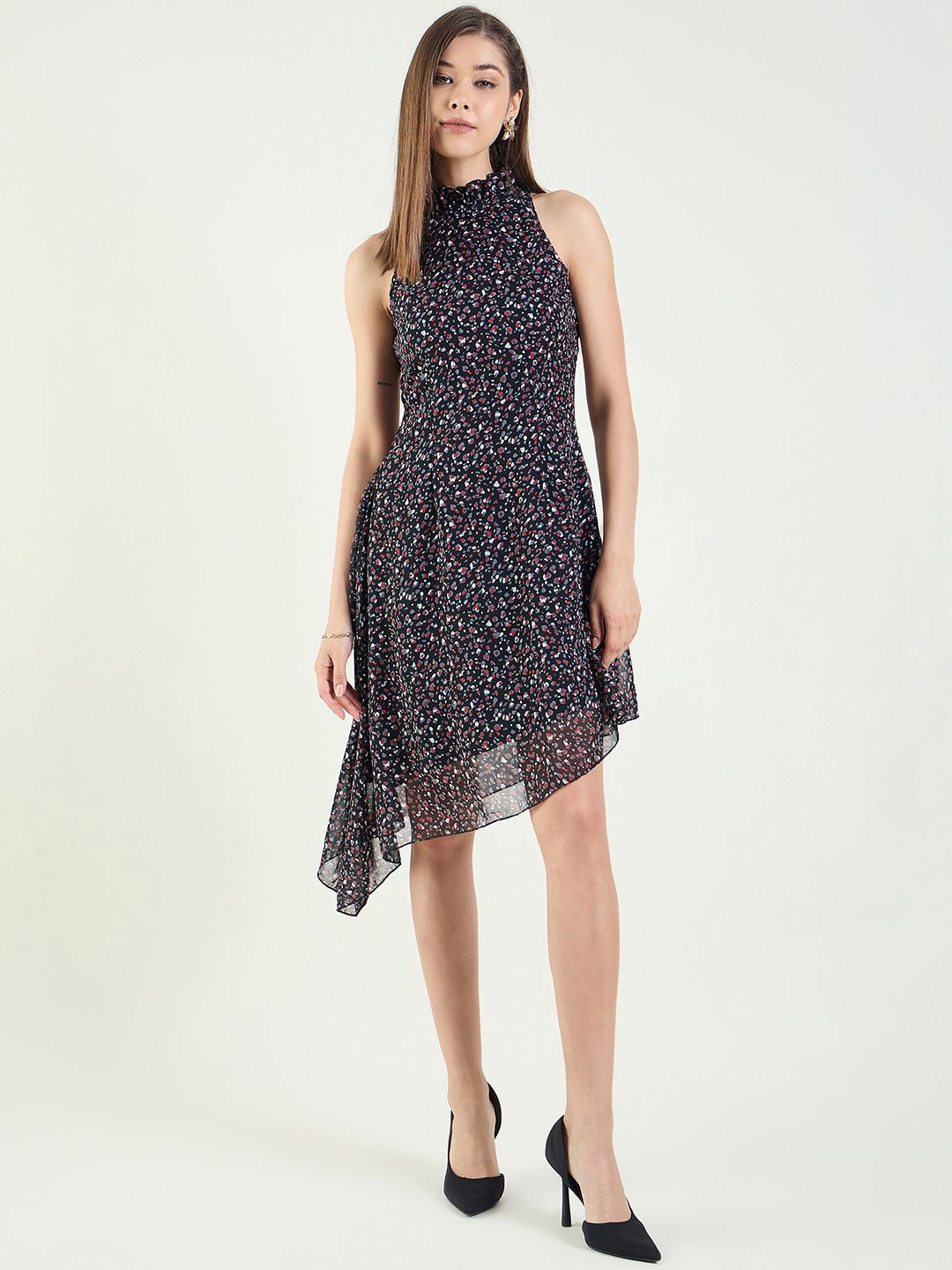 

aayu Printed Fit & Flare High Neck Sleeveless Asymmetric Dress, Black