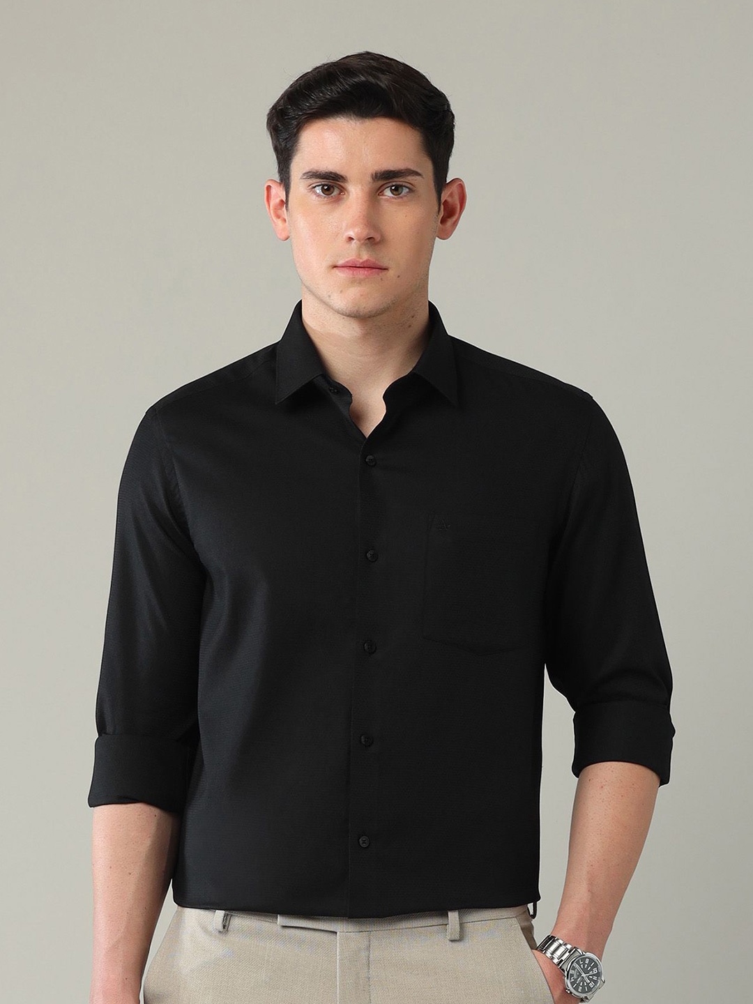 

Arrow Men Spread Collar Textured Cotton Formal Shirt, Black