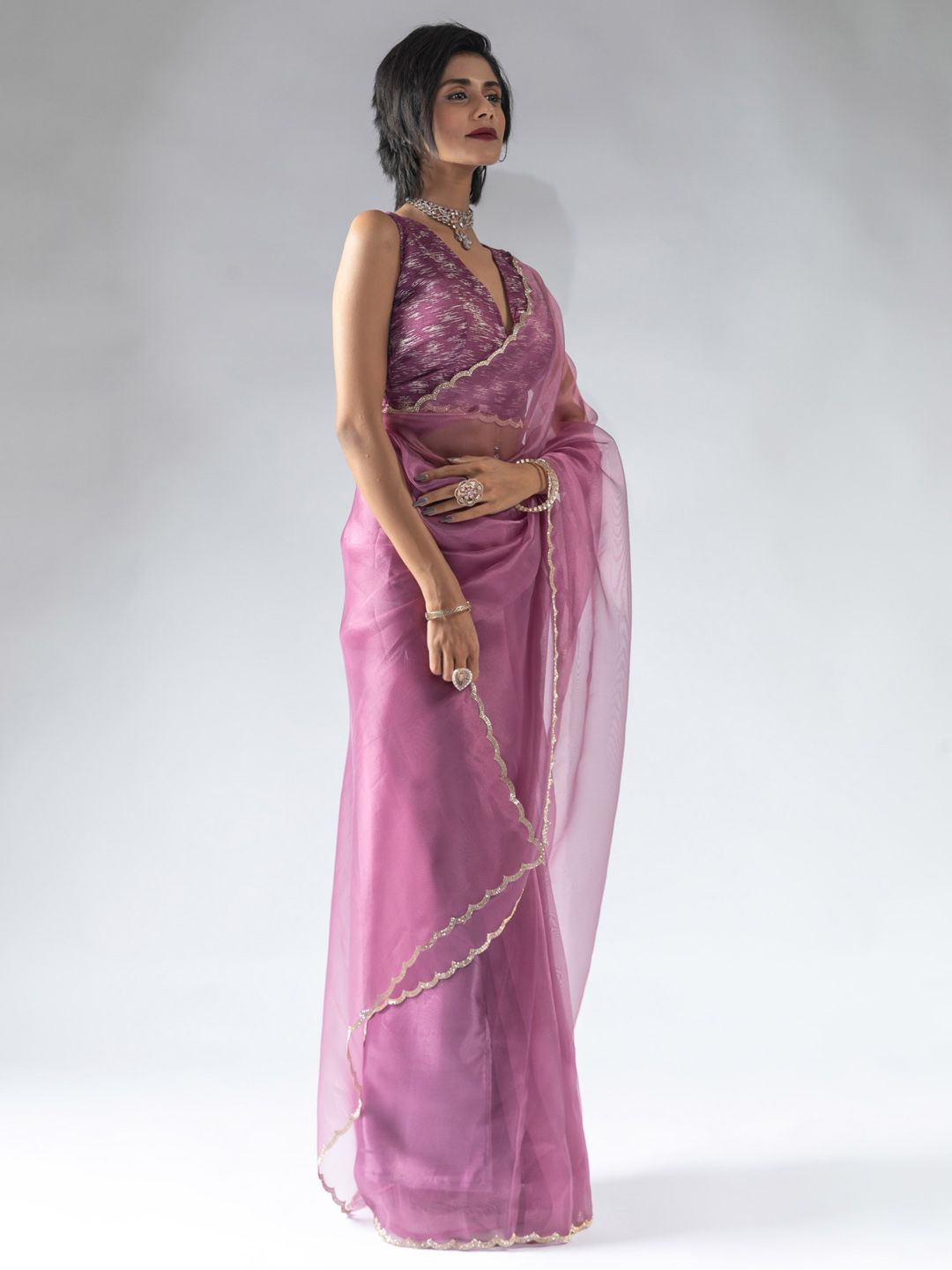 

Saree mall Beads and Stones Organza Ready to Wear Sarees, Purple