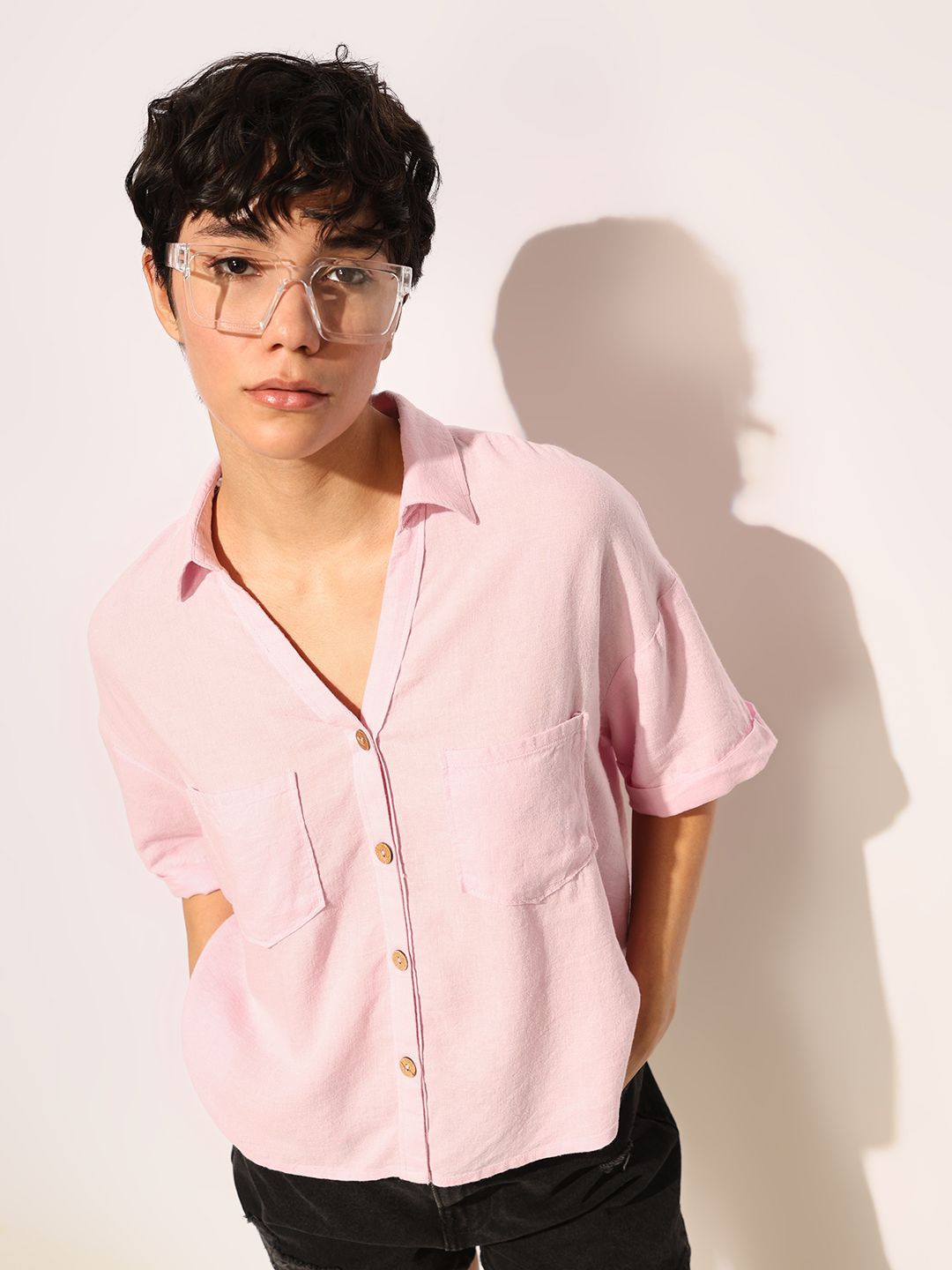 

ONLY Women Boxy Fit Spread Collar Solid Linen Casual Shirt, Pink