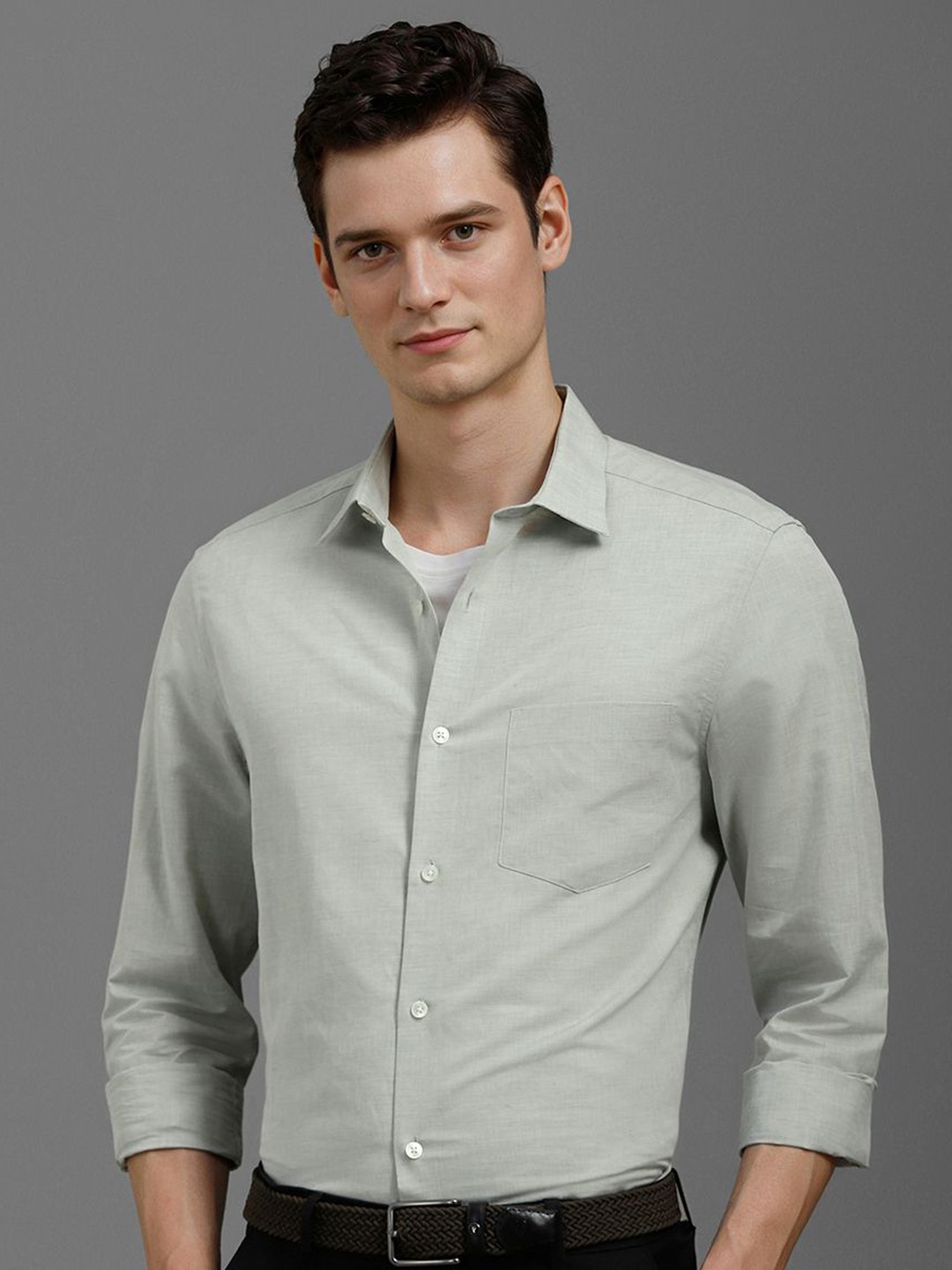 

Louis Philippe Men Spread Collar Solid Cotton Linen Casual Shirt, Sea green
