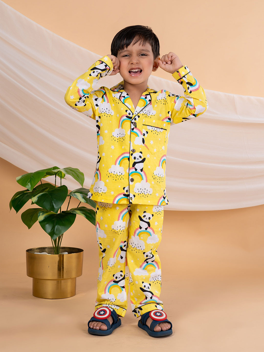 

BEBE UNICORN Kids Printed Lapel Collar Pure Cotton Shirt With Pyjama, Yellow