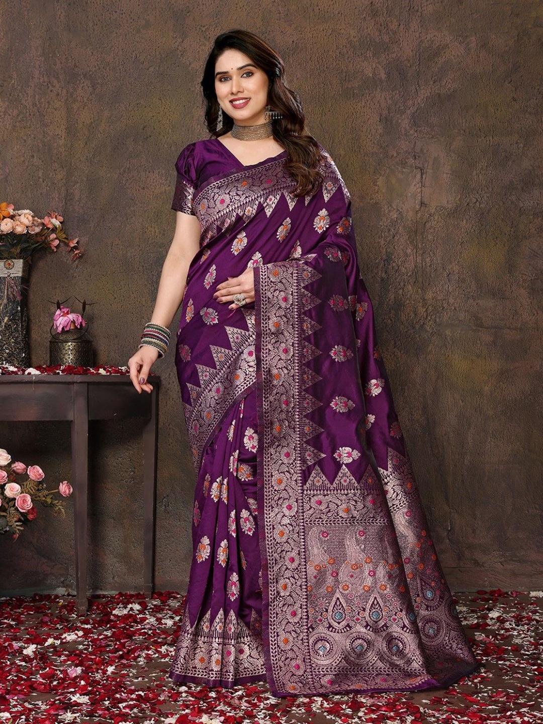 

KALINI Ethnic Motifs Woven Design Zari Banarasi Saree, Purple