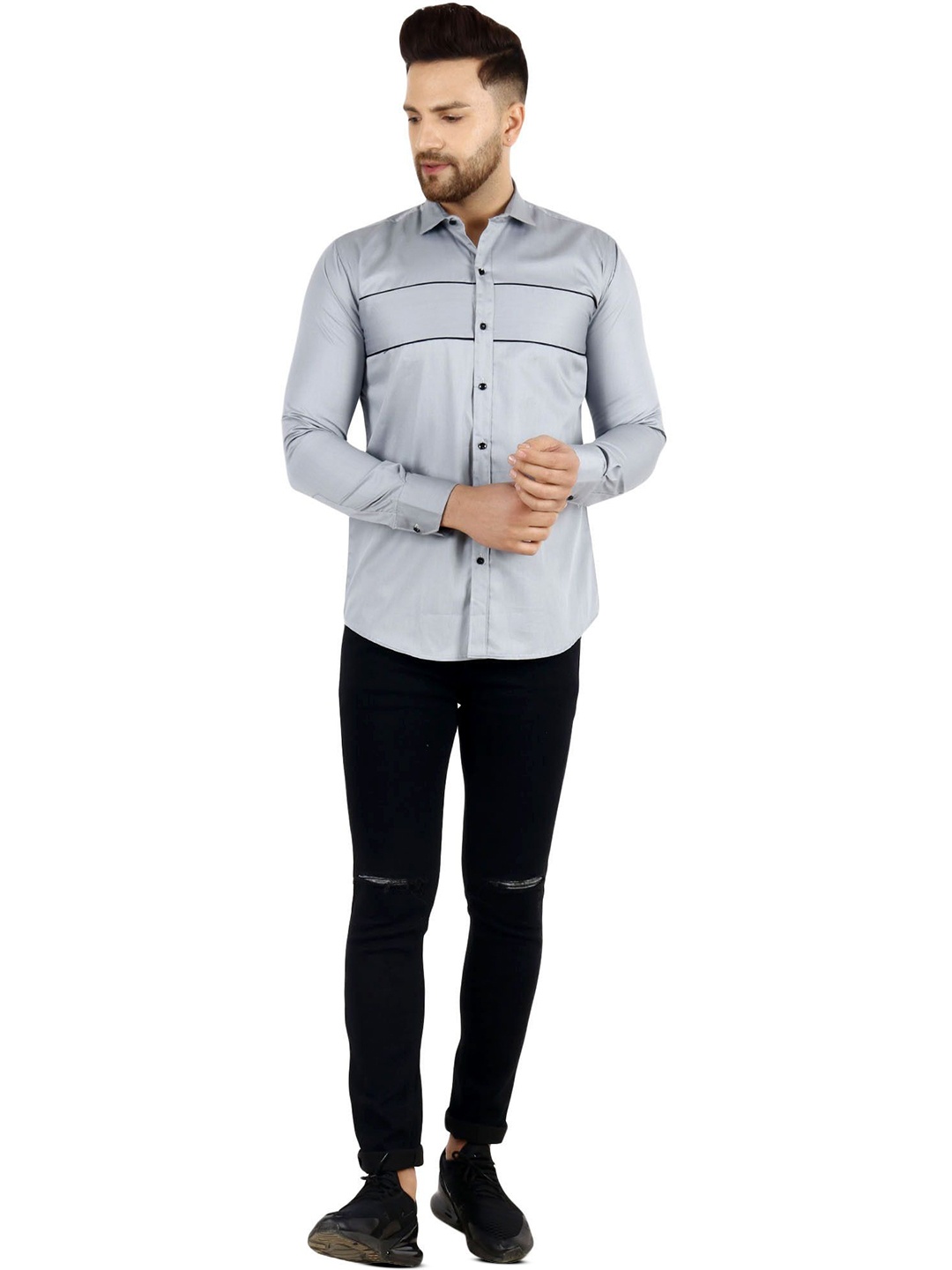 

Metronaut Men Regular Fit Spread Collar Horizontal Striped Cotton Casual Shirt, Grey