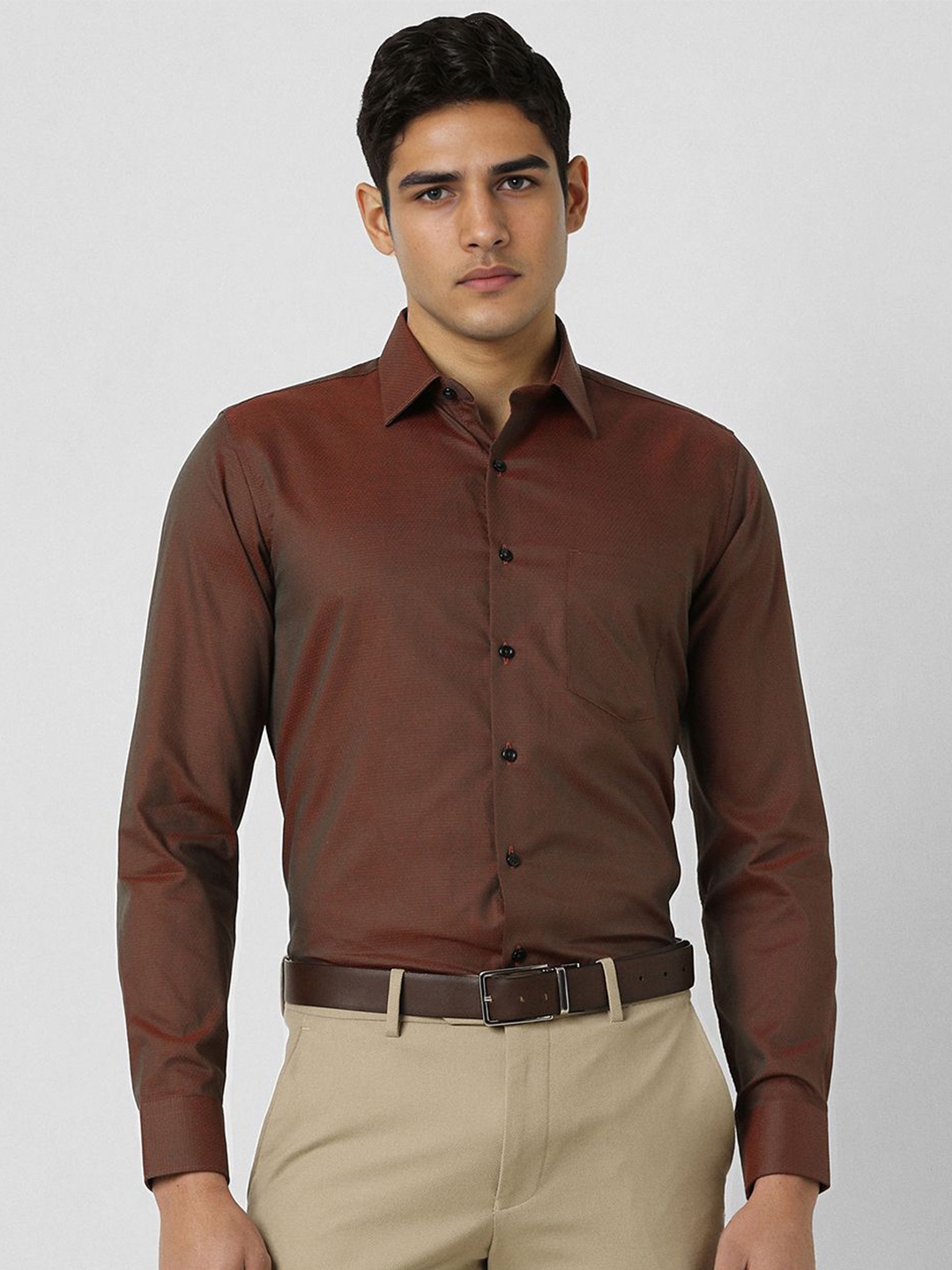 

Van Heusen Men Slim Fit Spread Collar Textured Cotton Formal Shirt, Brown