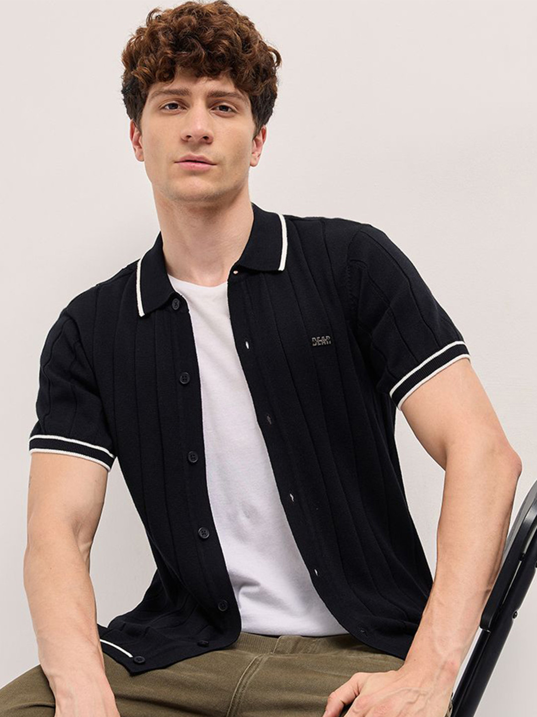 

THE BEAR HOUSE Men Striped Polo Collar Cotton Shirt, Black