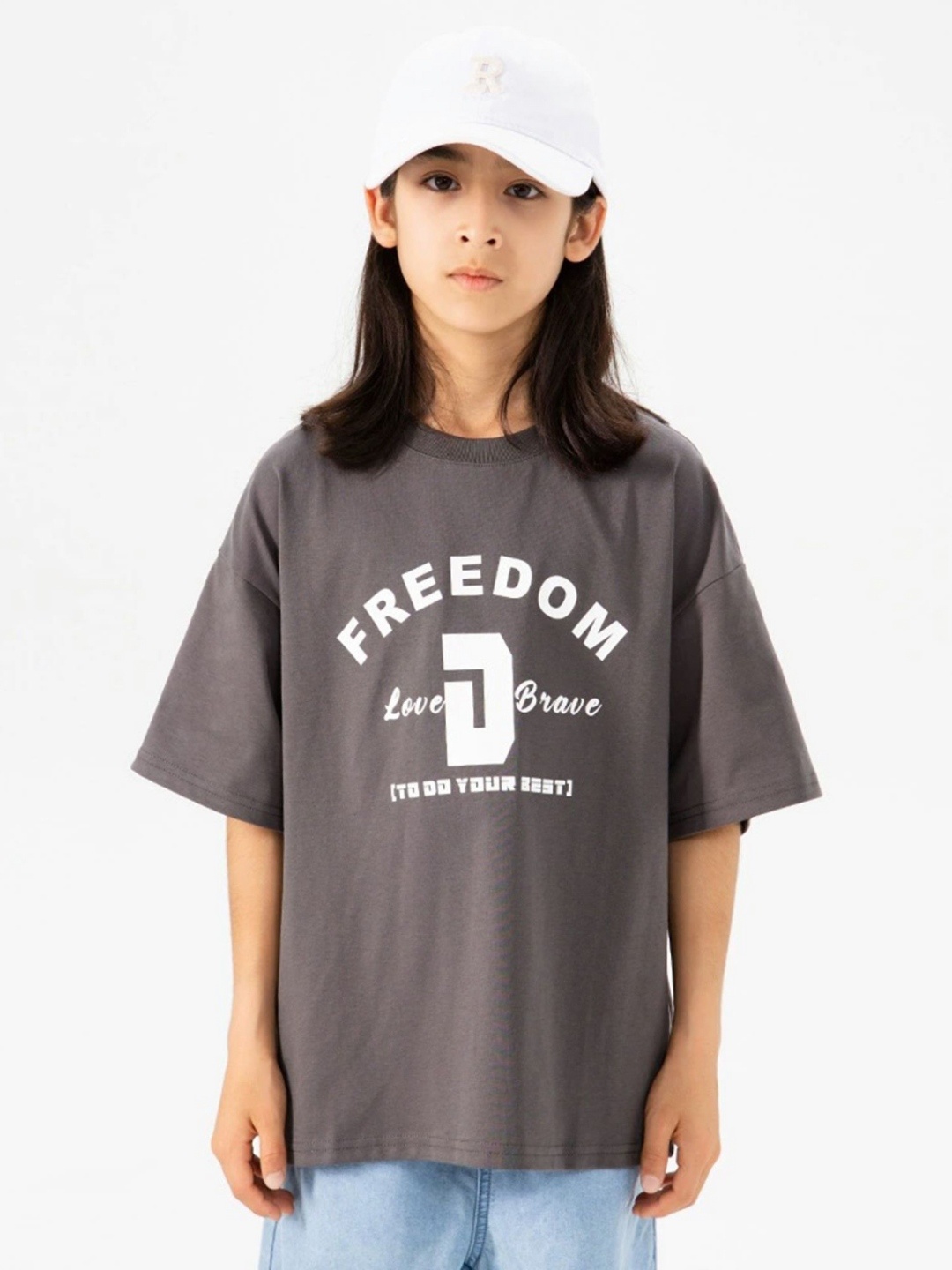 

LULU & SKY Girls Typography Printed Round Neck Cotton Oversized T-shirt, Grey