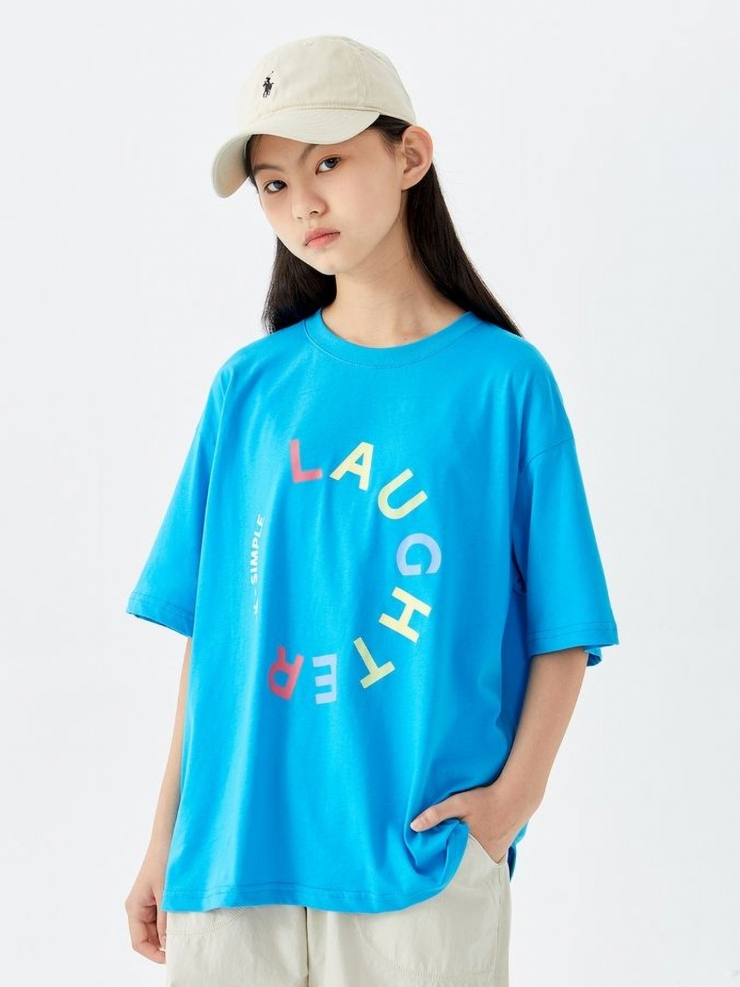 

LULU & SKY Girls Typography Printed Round Neck Cotton Oversized T-shirt, Blue