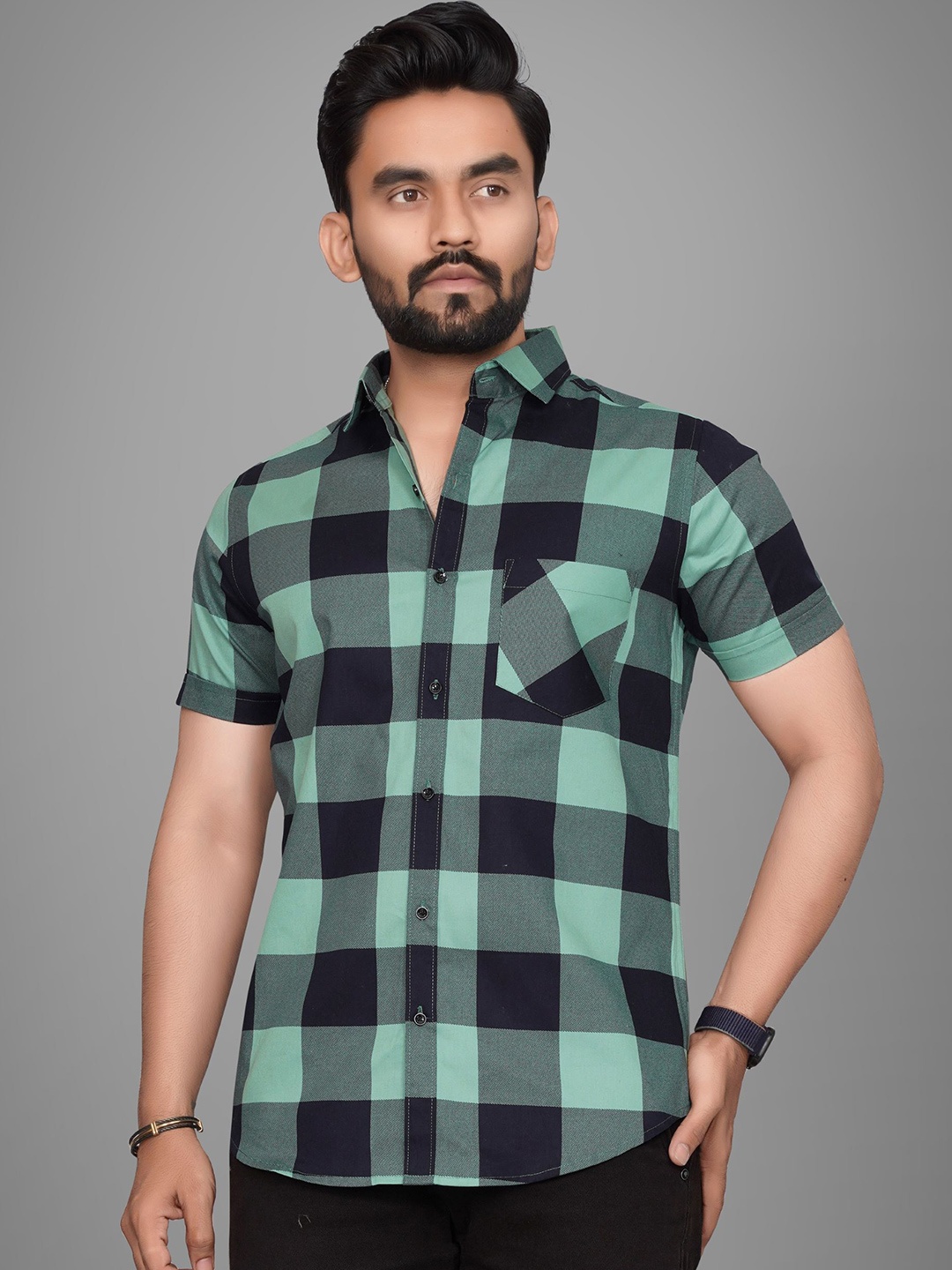 

Metronaut Men Buffalo Checks Semi Sheer Printed Casual Shirt, Green