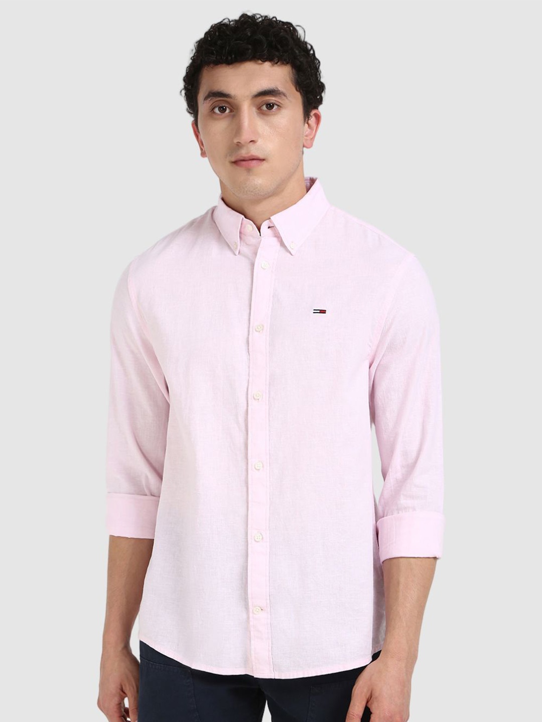 

Tommy Hilfiger Men Button-Down Collar Solid Cotton Casual Shirt, Pink