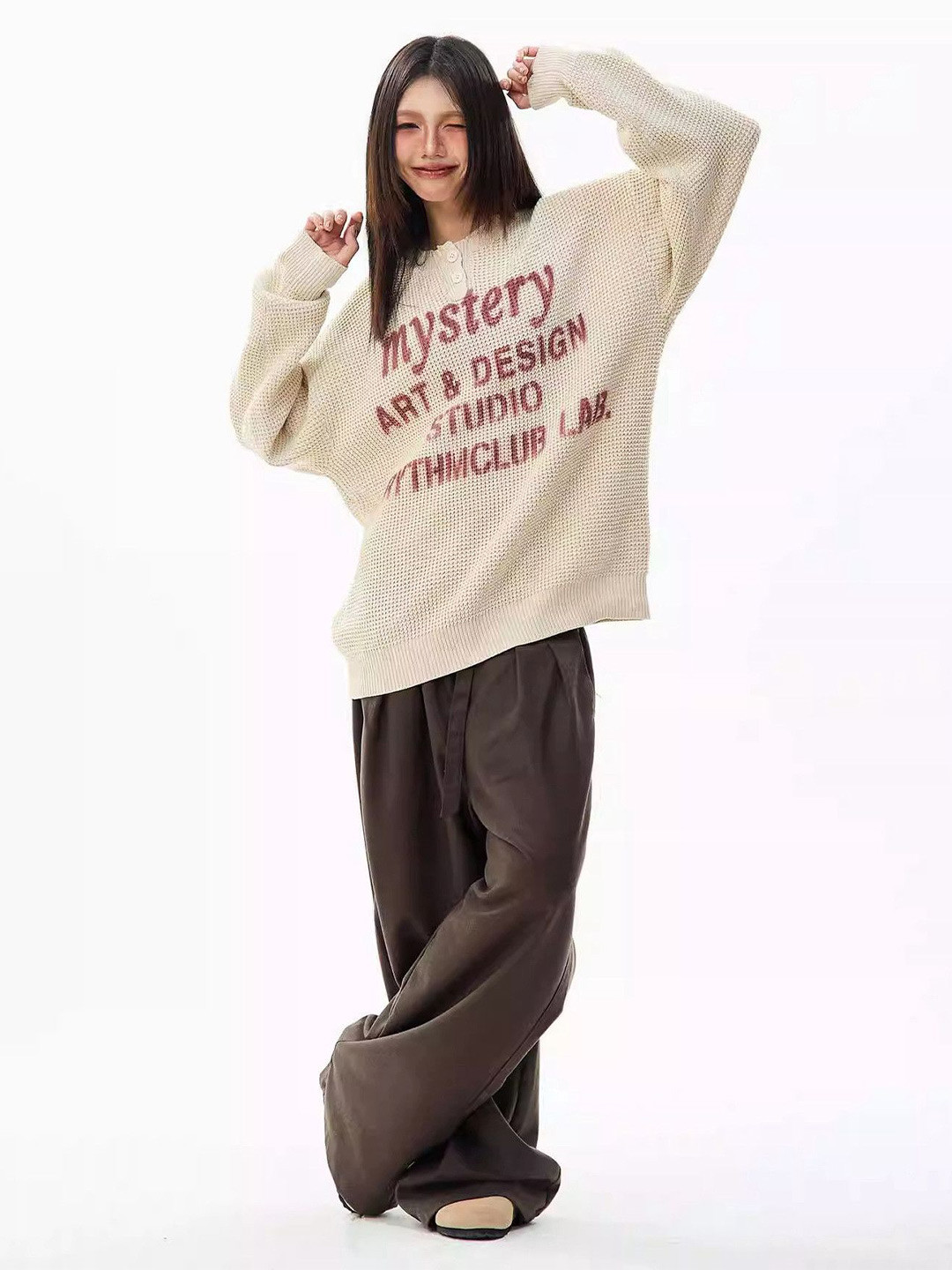

DressBerry Women Printed Longline Pullover Sweater, Cream