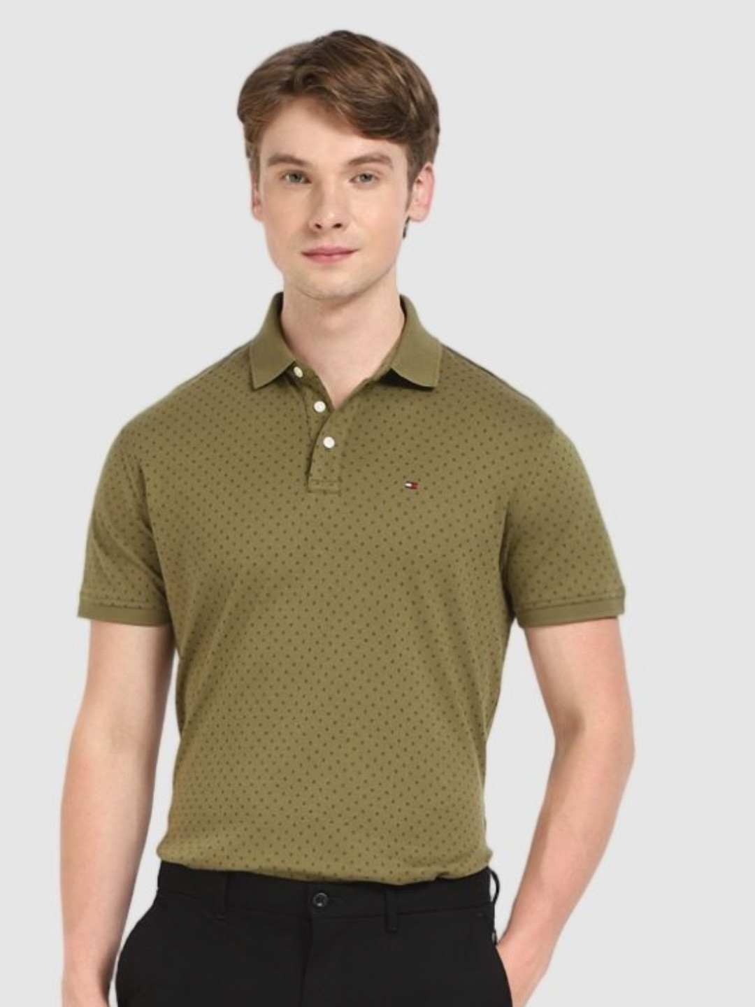 

Tommy Hilfiger Men Geometric Printed Polo Collar Cotton T-shirt, Olive