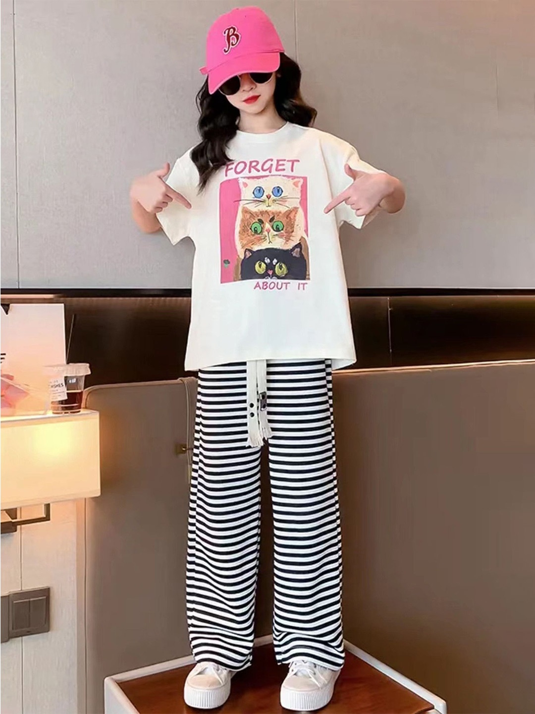 

LULU & SKY Girls Printed Round Neck T-Shirt With Trouser, White