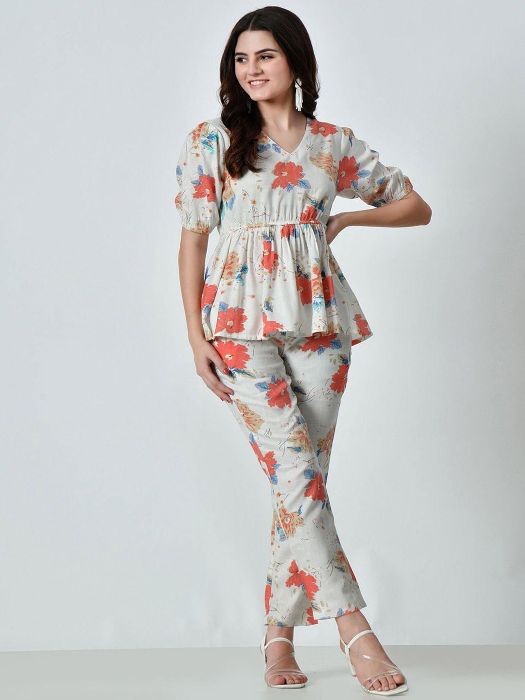 

VAPPSYAM Printed Organic Cotton V-Neck Tunic & Trousers Co-Ords, White