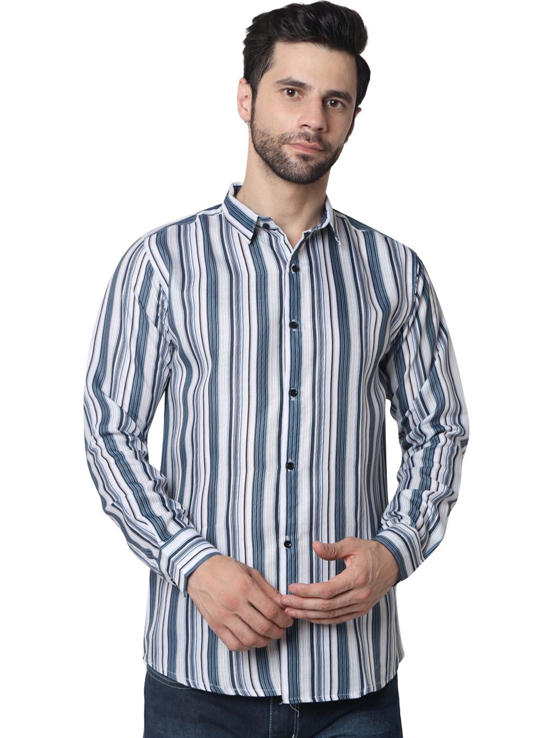

iCome Men Spread Collar Vertical Striped Cotton Linen Casual Shirt, White