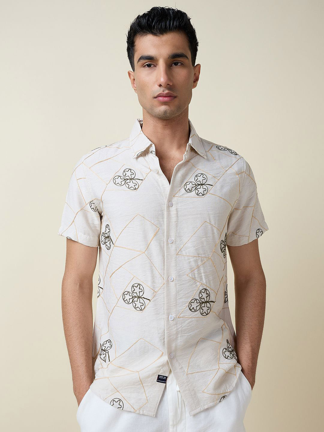 

Thomas Scott Men Embroidered Regular Fit Casual Shirt, Beige
