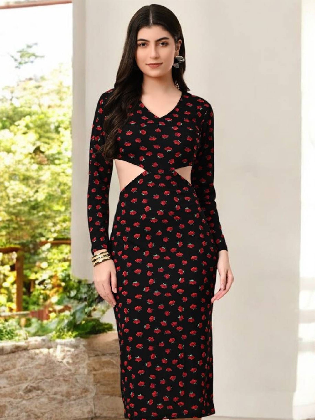 

BAESD Women's Conversational Print Black & Red Bodycon Midi Length Dress