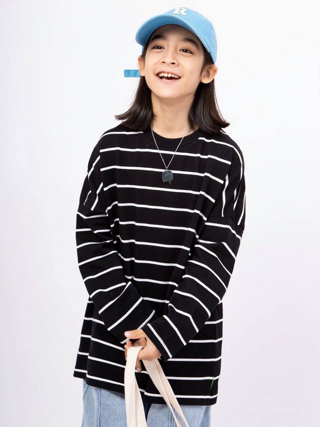 

LULU & SKY Girls Striped Round Neck Cotton Oversized T-shirt, Black