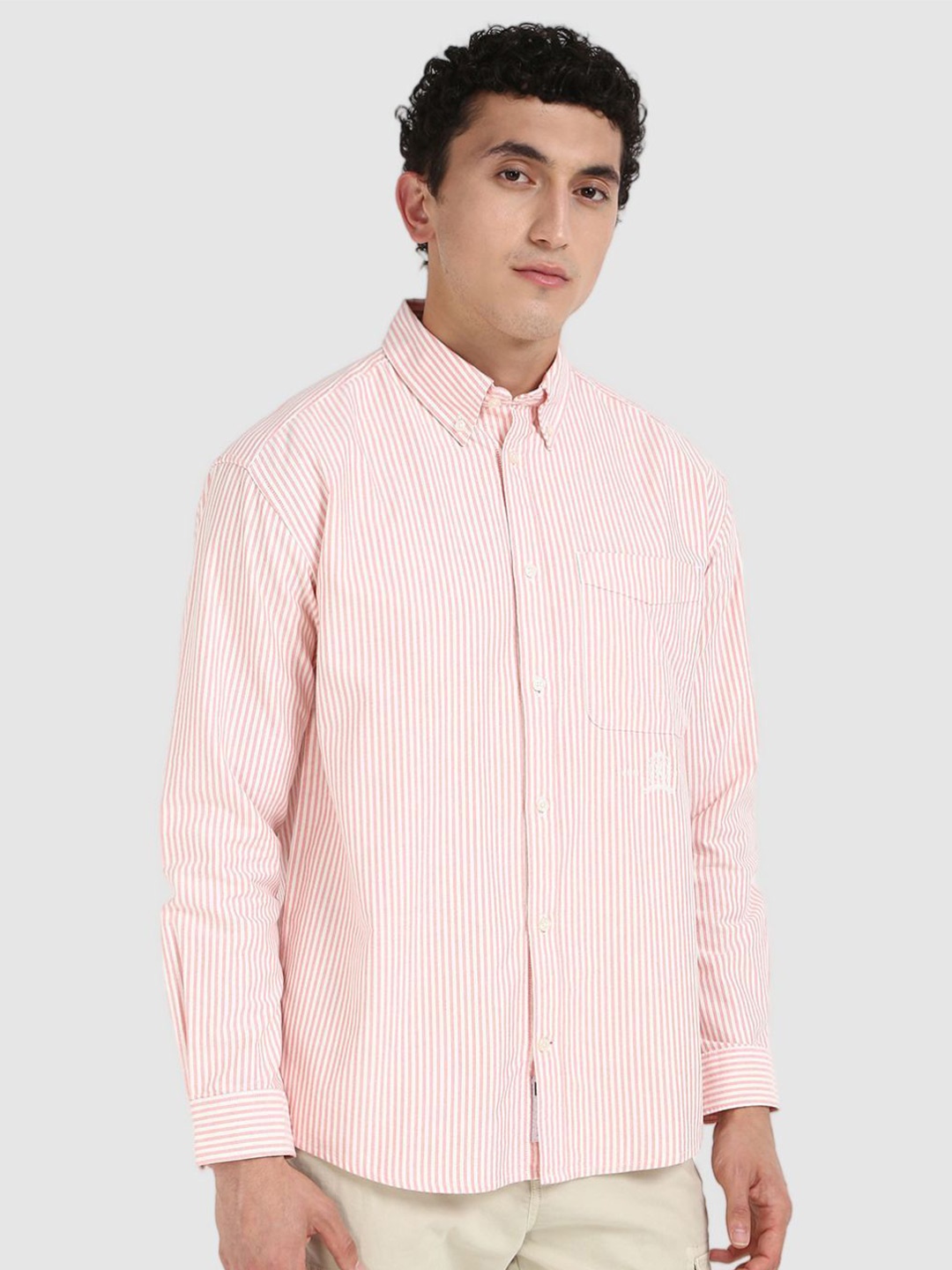 

Tommy Hilfiger Men Button-Down Collar Vertical Striped Cotton Casual Shirt, Pink
