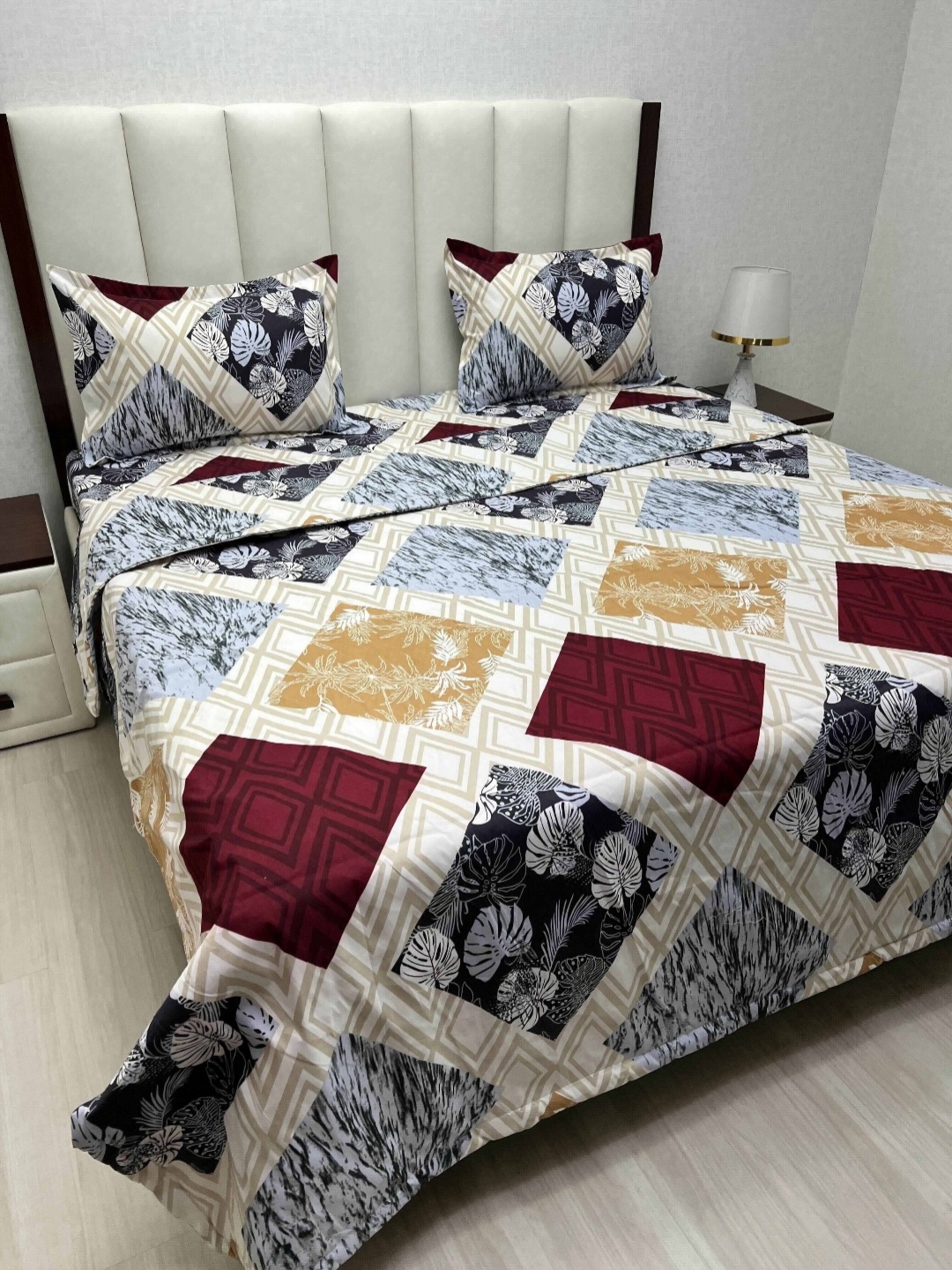 

Pure Decor Beige And Maroon Floral Printed Double King Superfine Bedding Set