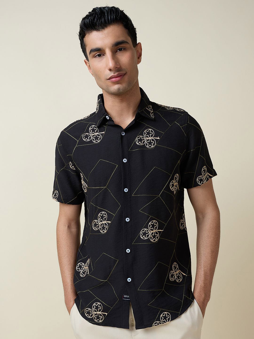 

Thomas Scott Men Embroidered Regular Fit Casual Shirt, Black