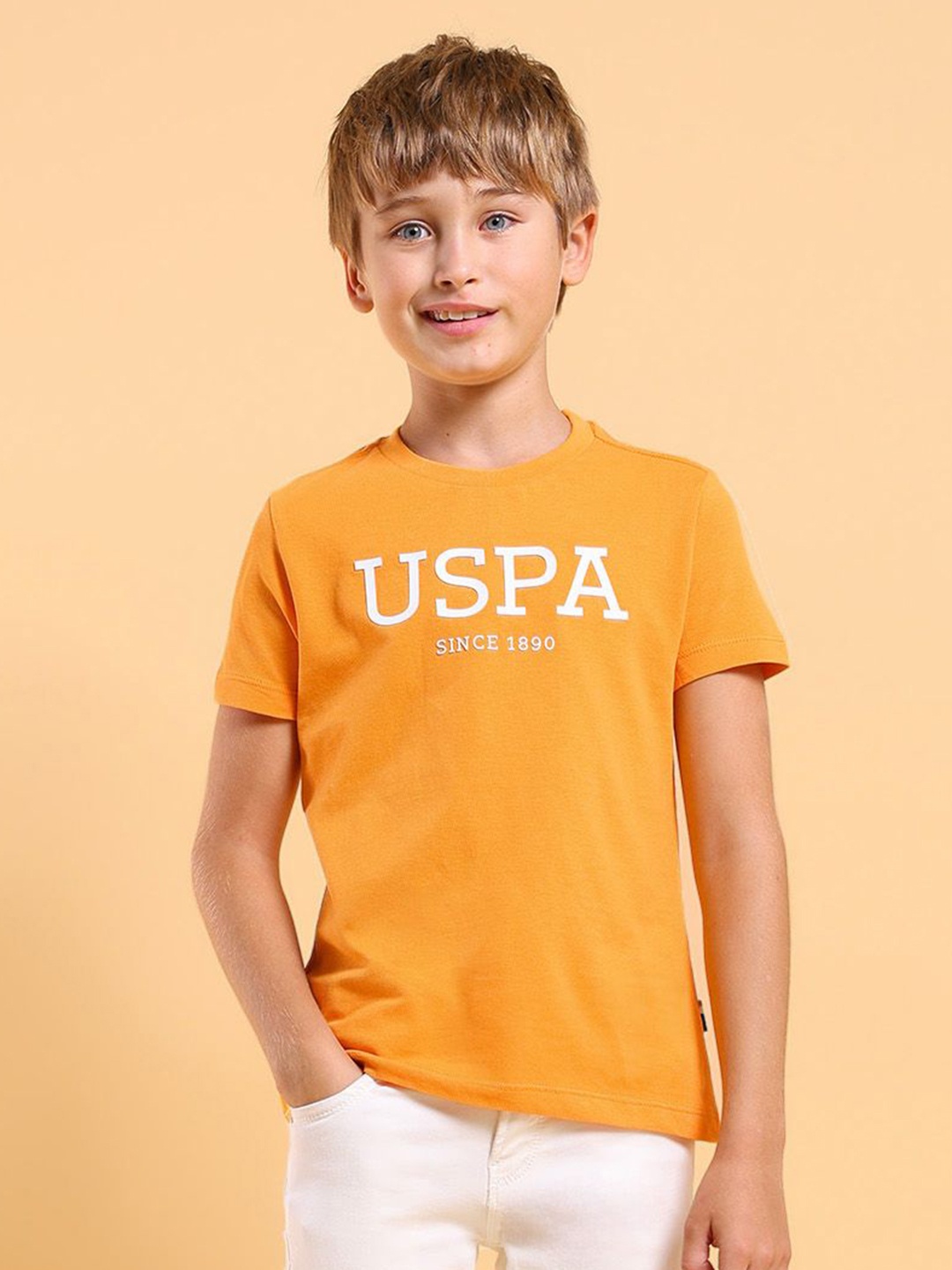 

U.S. Polo Assn. Kids Boys Typography Printed Round Neck Cotton T-shirt, Orange