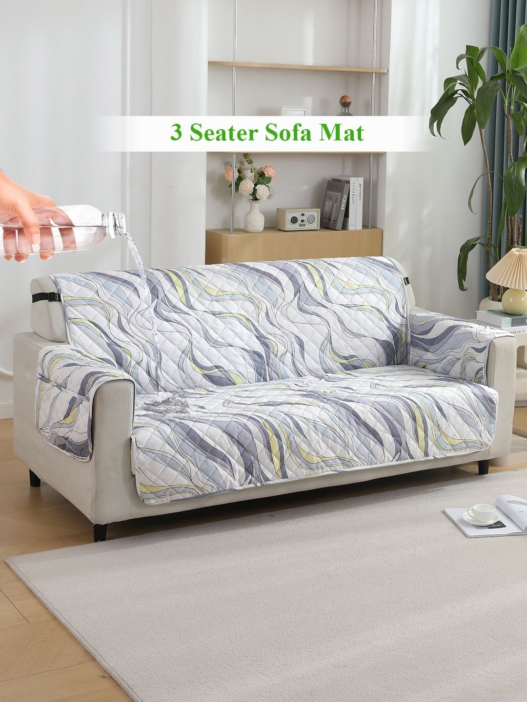 

HOKIPO White & Blue Quilted Printed Waterproof 3 Seater Sofa Cover With Arms & Pockets