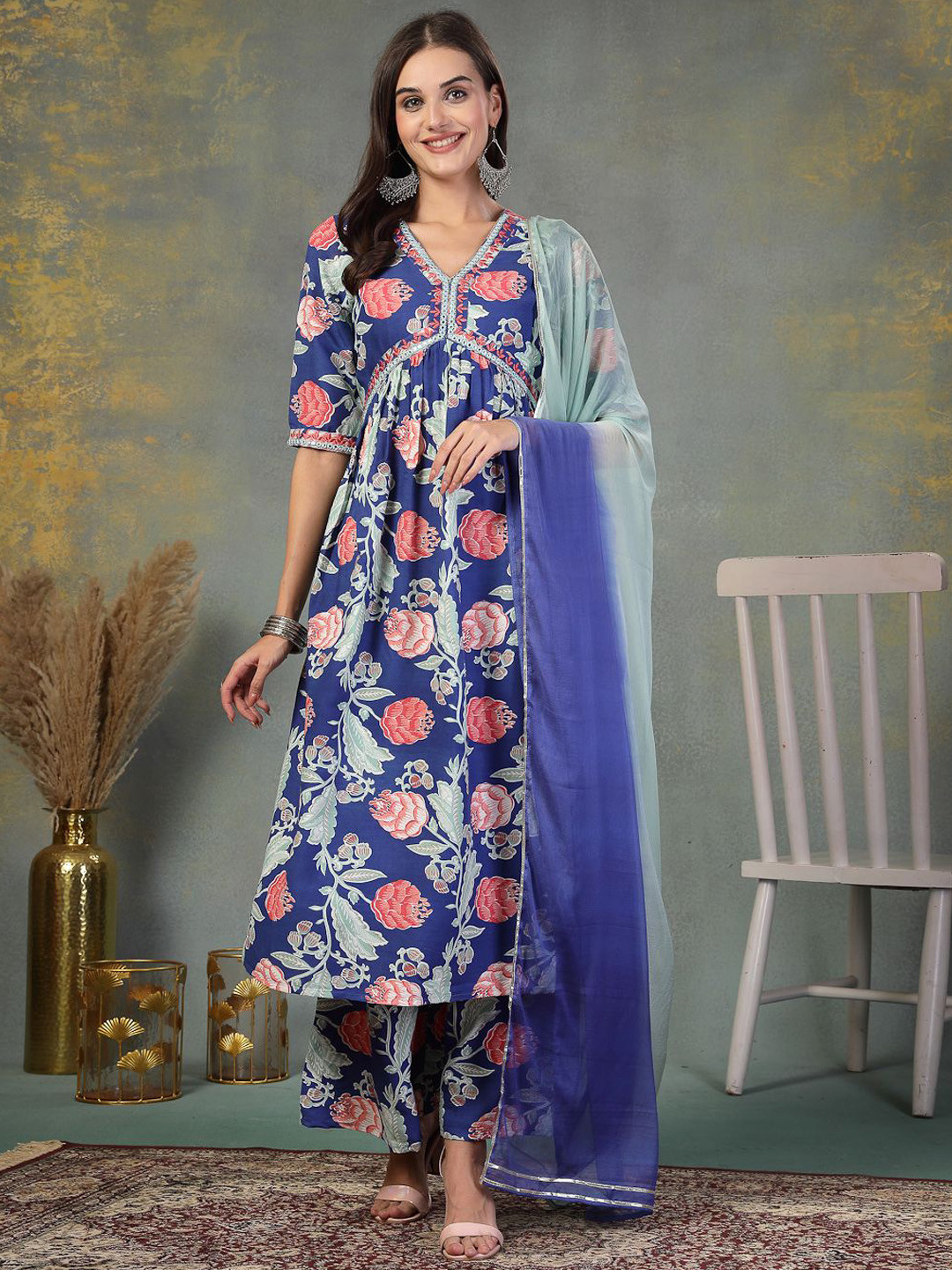 

Stylum Floral Printed V-Neck A-Line Mirror Work Kurta With Palazzos And Dupatta, Blue