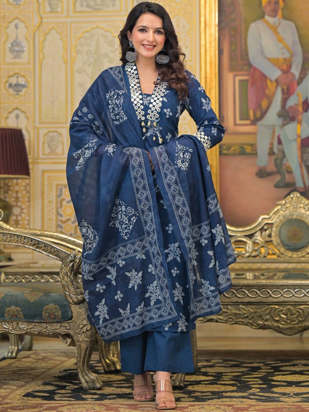 

AUTUMN LANE Floral Printed V-Neck Pure Cotton Kurta With Trouser And Dupatta, Blue