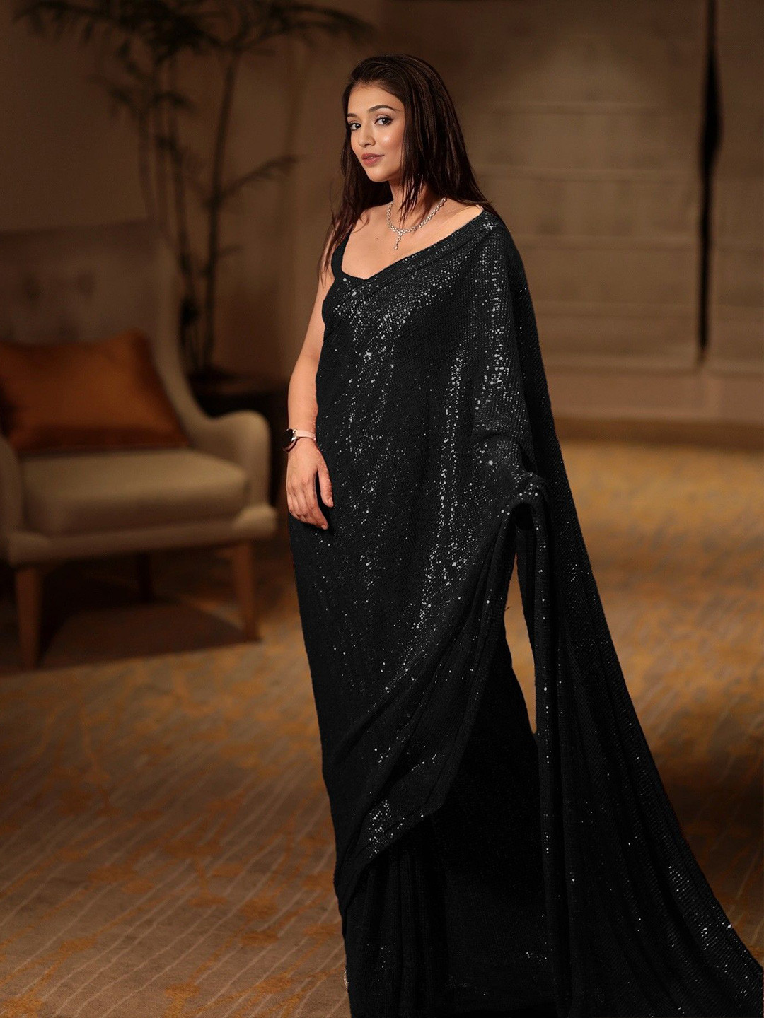 

ANJANI TEXTILE Embellished Sequinned Poly Georgette Heavy Work Saree, Black