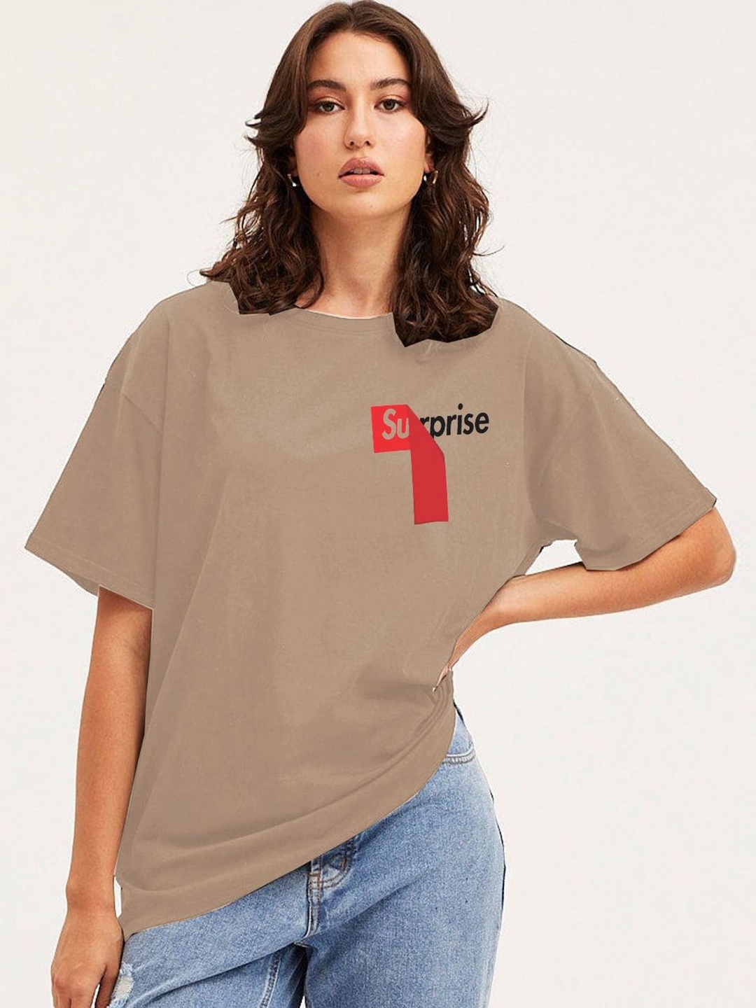 

Moda Rapido Women Typography Printed Round Neck Cotton Oversized T-shirt, Beige