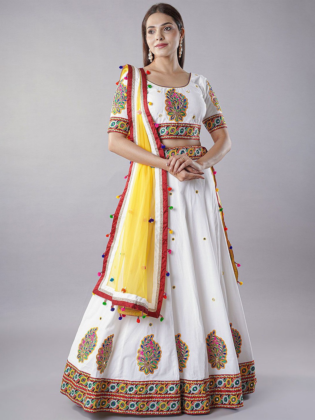 

Utsav Fashion Embroidered Thread Work Cotton Ready To Wear Lehenga & Choli With Dupatta, White