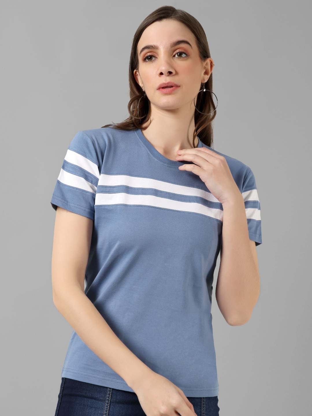 

Metronaut Women Striped Round Neck Cotton T-shirt, Blue
