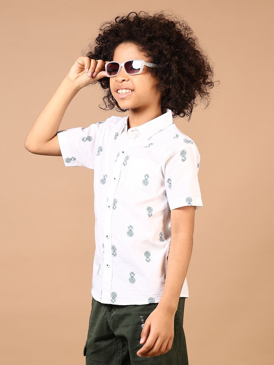 

V-Mart Boys Spread Collar Conversational Printed Cotton Casual Shirt, White