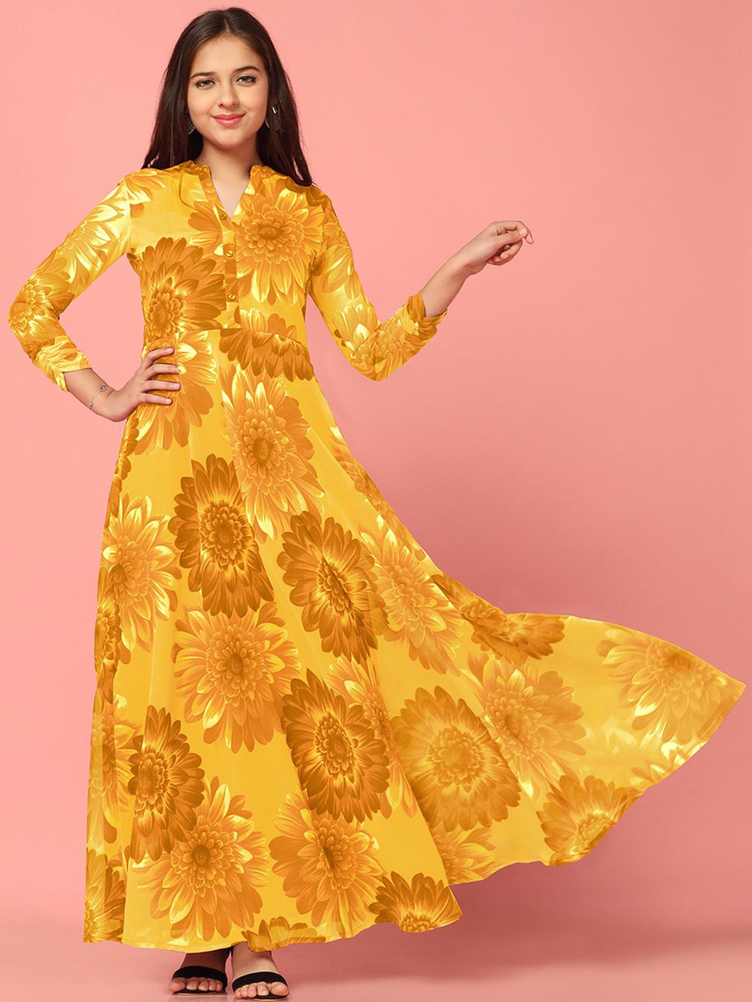 

Sangria Girls Floral Printed Fit and Flare Maxi Dress, Yellow