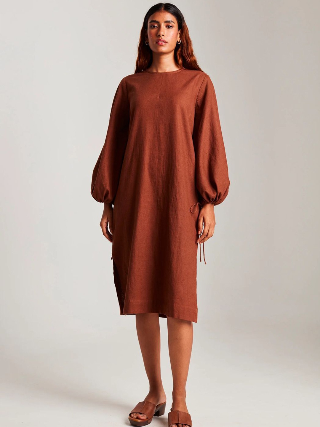 

Saphed Women Puff Sleeve A-Line Knee Length Dress, Brown