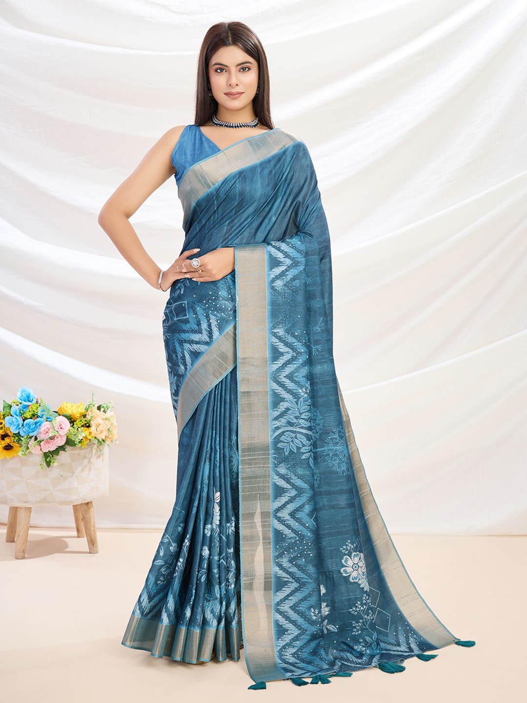 

KALINI Floral Zari Silk Blend Saree, Teal