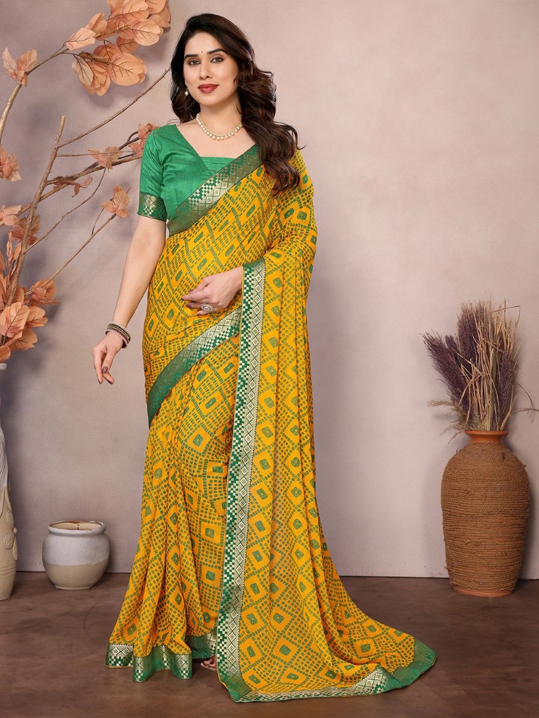 

KALINI Bandhani Zari Poly Georgette Bandhani Saree, Yellow