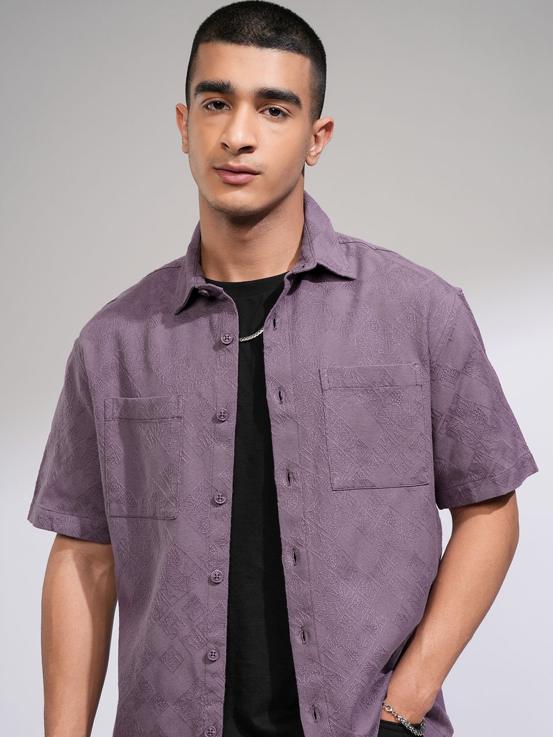 

HIGHLANDER Men Jacquard Textured Solid Utility Pocket Relaxed Shirt, Purple