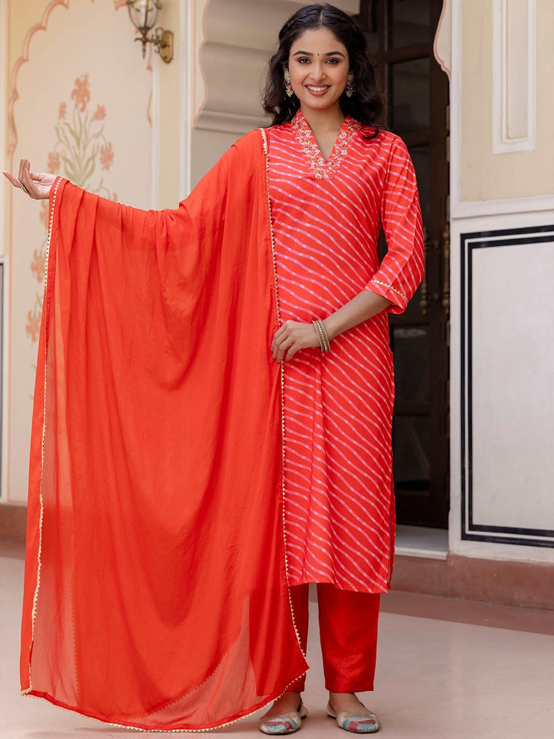 

Navlik Leheriya Printed Sequinned Straight Kurta with Trouser & Dupatta, Orange