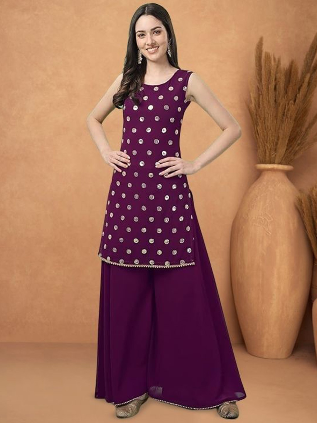 

PARROT CREATION Geometric Embroidered Georgette Straight Kurti With Sharara & Dupatta, Purple