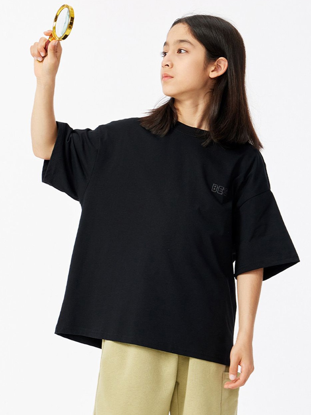 

LULU & SKY Girls Solid Round Neck Cotton Oversized T-shirt, Black