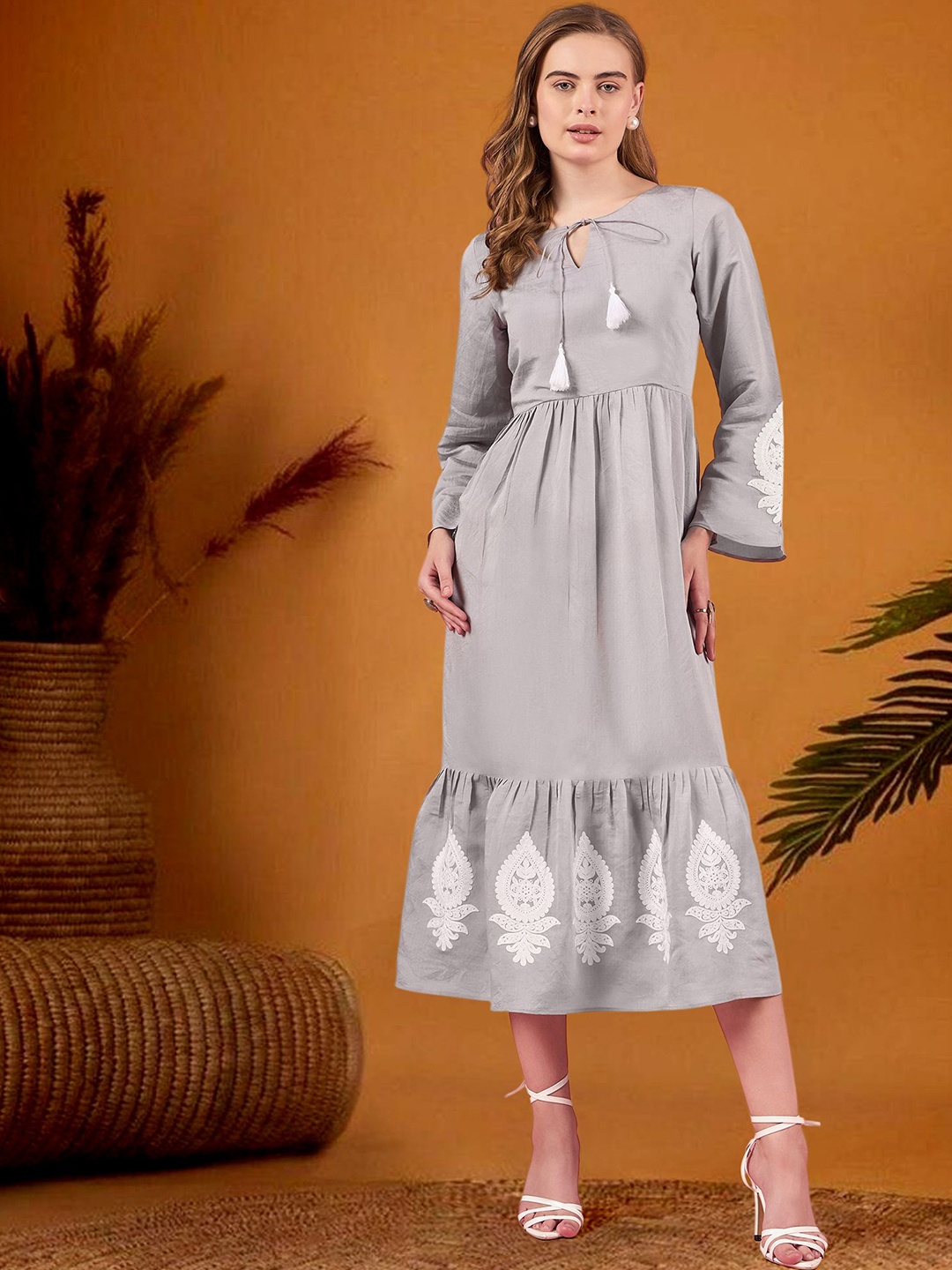 

all about you Women Ethnic Motifs Embroidered Tie-Up Neck Fit & Flare Midi Dress, Grey