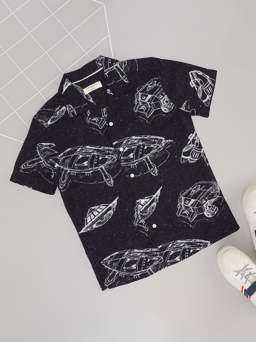 

Pantaloons Junior Boys Cuban Collar Graphic Printed Casual Shirt, Black
